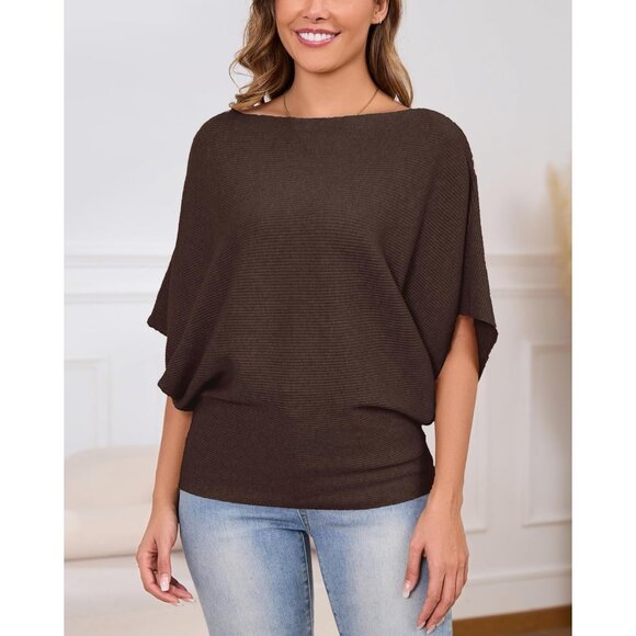 Women's Batwing Sleeve Knit Sweater Boat Neck Casual Pullover - Picture 2 of 6